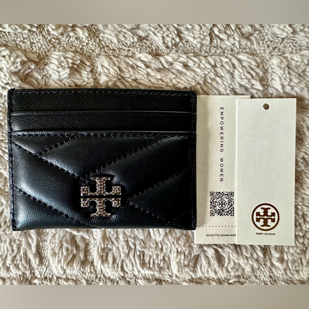 NWT Tory Burch Black Quilted Leather Card Case with Crystal Double-T
